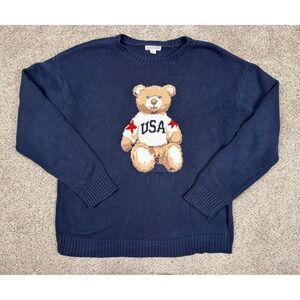 Mighty Fine USA Teddy Bear Sweater Navy Blue Crewneck Knit XXL Americana Graphic